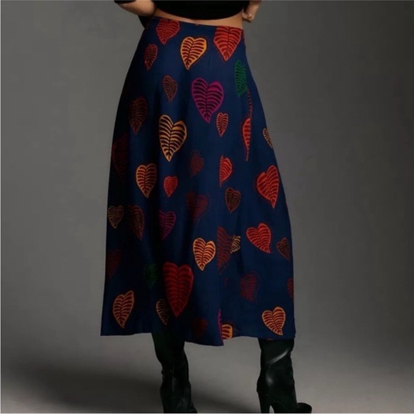 Farm Rio Anthropologie viscose Slip Midi Skirt Hearts Leaves - Picture 4 of 16